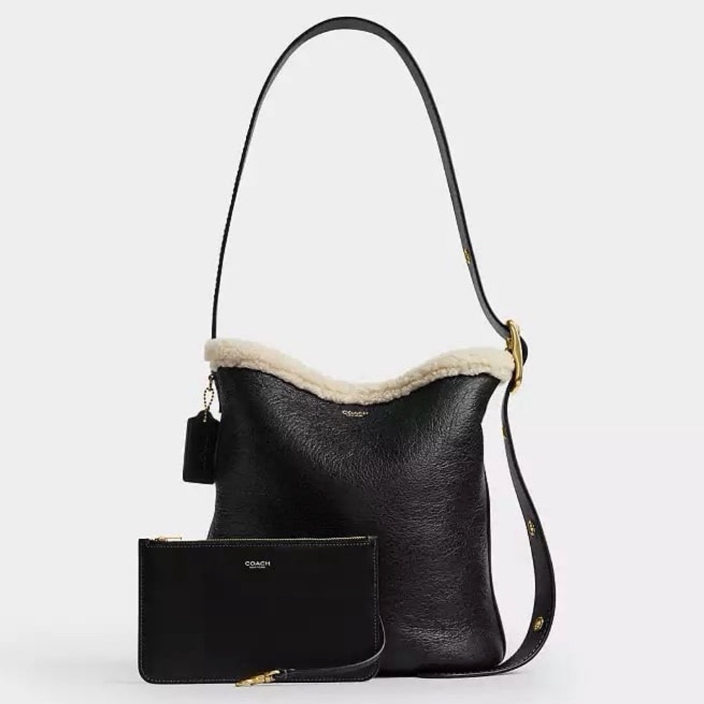 Coach Bleecker Bucket Bag & Pouch in Shearling & Natural Grain Leather Black NWT